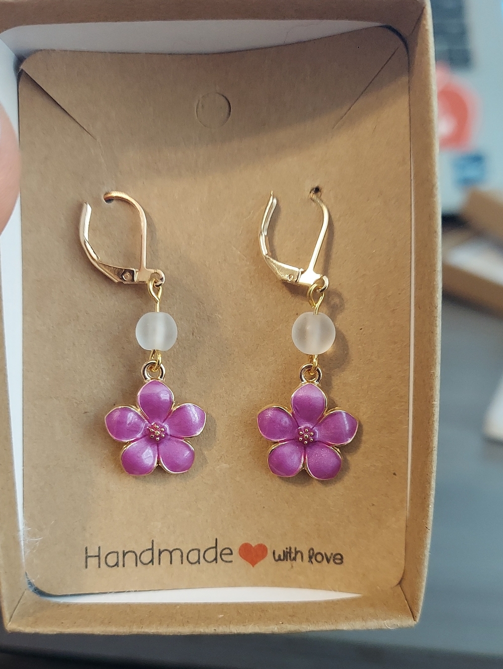 Handmade Pink Flower Drop Earrings - Gold Tone